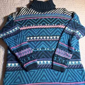 Vintage SSP Turtleneck Sweater L Ramie Cotton 80s 90s Teal Pink Purple RN 67992